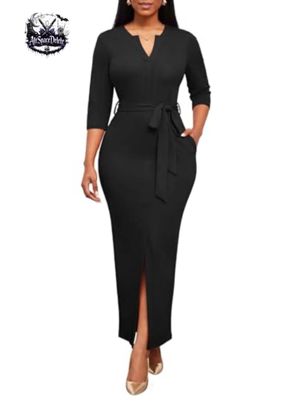Women Maxi Bodycon Dress V-Neck 3/4 Sleeve Front Split Pencil Semi Formal